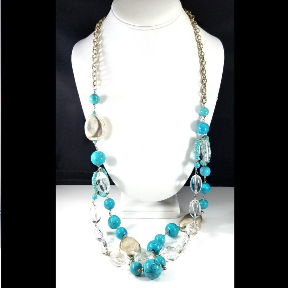 Chico's Long Gemstone Clear Lucite Silver Large Beaded Necklace, 40 Inches